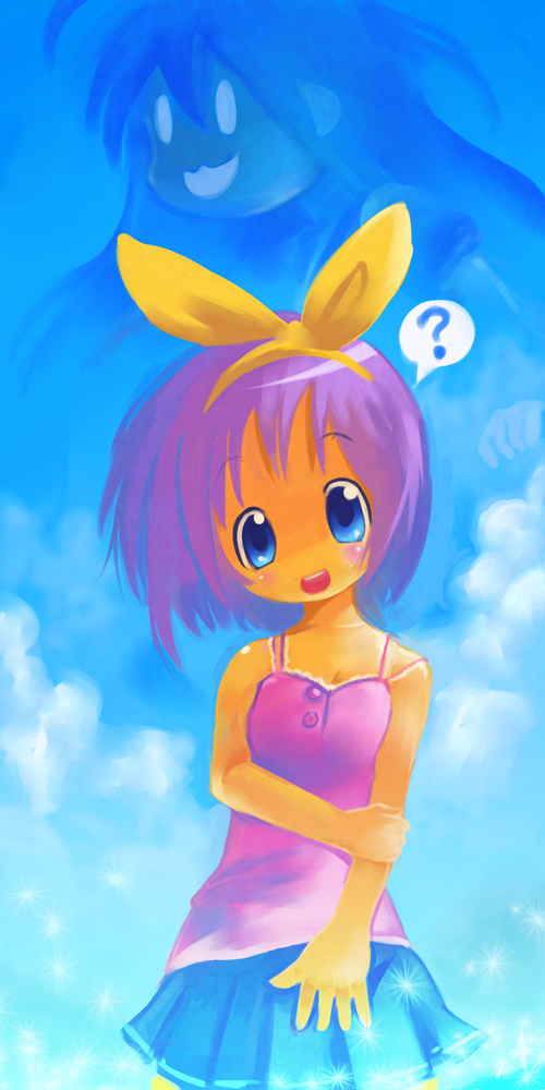 okera, hiiragi tsukasa, izumi konata, lucky star, 00s, 1girl, :3, ?, blue eyes, blush, camisole, cloud, day, female focus, hair ribbon, purple hair, ribbon, short hair, skirt, sky, solo, spoken question mark