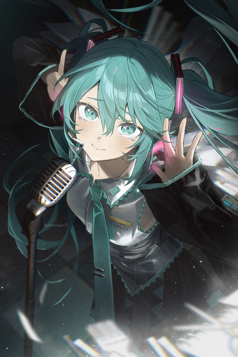 planetzer 0, hatsune miku, vocaloid, commentary request, highres, 1girl, aqua eyes, aqua hair, aqua nails, aqua necktie, black skirt, black sleeves, blush, breasts, closed mouth, collared shirt, crying, crying with eyes open, detached sleeves, from above, grey shirt, hair between eyes, hair ornament, headset, long hair, long sleeves, looking at viewer, microphone, microphone stand, necktie, pleated skirt, shirt, skirt, sleeveless, sleeveless shirt, smile, solo, tearing up, tears, twintails, very long hair