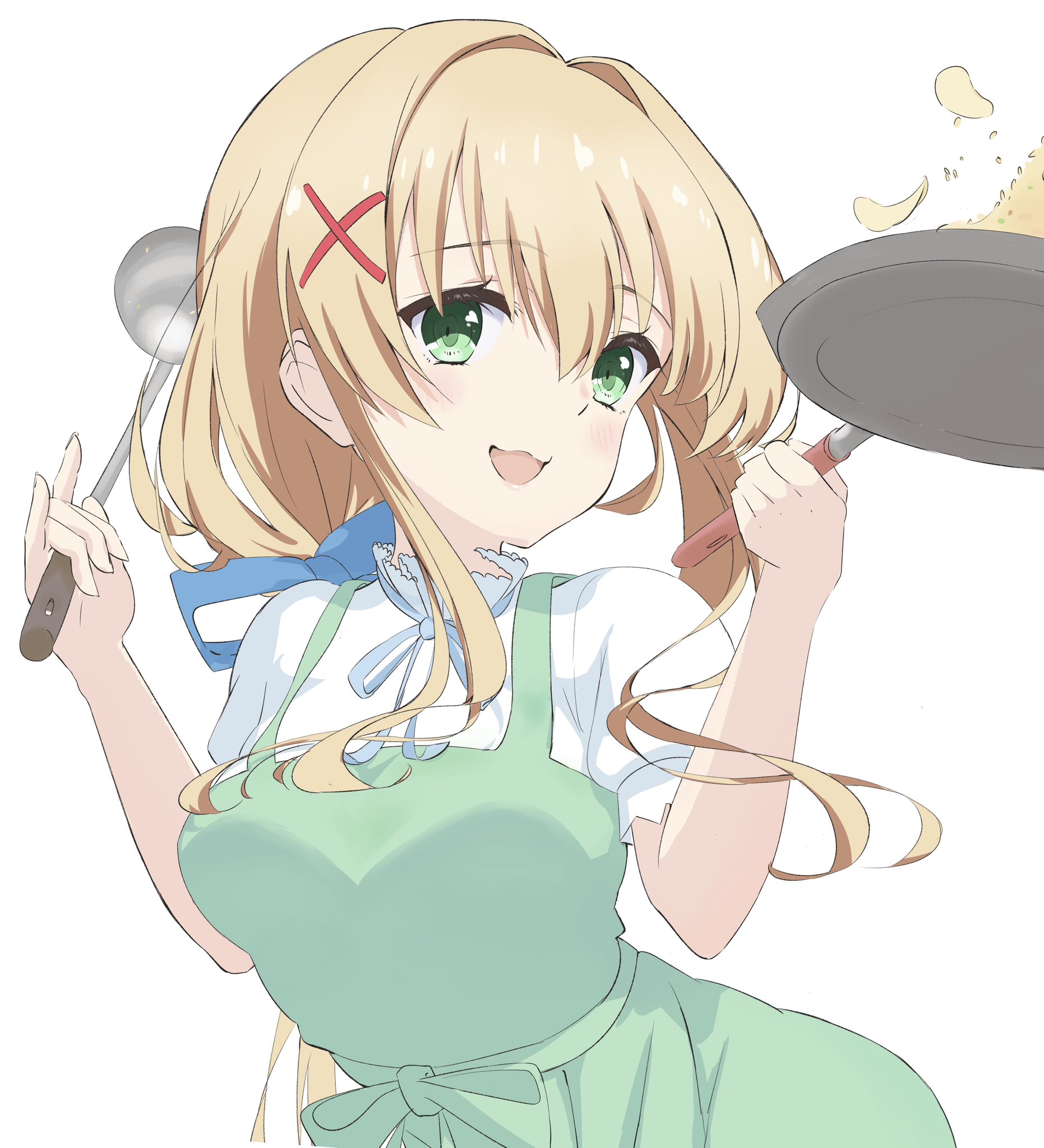 domotteru, tsumugi wenders, summer pockets, commentary, highres, 1girl, :3, :d, aged up, alternate costume, alternate hairstyle, apron, blonde hair, blue bow, blue ribbon, blush, bow, chips (food), cooking, cowboy shot, floating hair, food, fried rice, frying pan, green apron, green eyes, hair between eyes, hair bow, hair intakes, hair ornament, hands up, happy, holding, holding frying pan, holding ladle, ladle, long hair, looking at food, looking to the side, low ponytail, neck ribbon, open mouth, ponytail, potato chips, ribbon, ringed eyes, shirt, short sleeves, sidelocks, simple background, smile, solo, white background, white shirt, x hair ornament