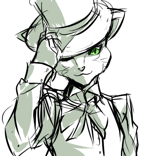 nana g, the baron (mimi wo sumaseba), neko no ongaeshi, studio ghibli, 00s, 1boy, formal clothes, furry, furry male, green eyes, green theme, hat, hat tip, male focus, monochrome, sketch, solo, spot color, suit, top hat