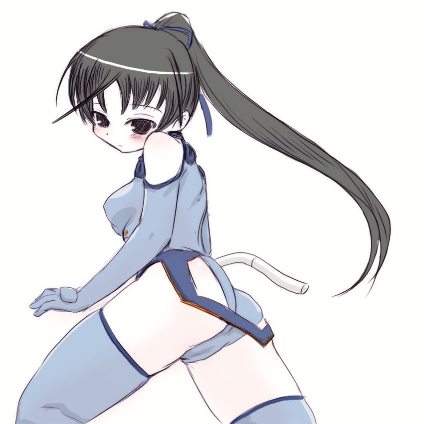 yuuichi (tareme paradise), ichijou eika, sky girls, pilot suit, 00s, 1girl, ahoge, ass, bare shoulders, black eyes, blue gloves, blue thighhighs, blush, breasts, elbow gloves, female focus, from side, gloves, hair ribbon, high ponytail, leotard, long hair, looking at viewer, looking back, mecha pilot suit, motion slit, motionslit, pale skin, parted bangs, ponytail, ribbon, simple background, sketch, small breasts, solo, thighhighs, very long hair, white background