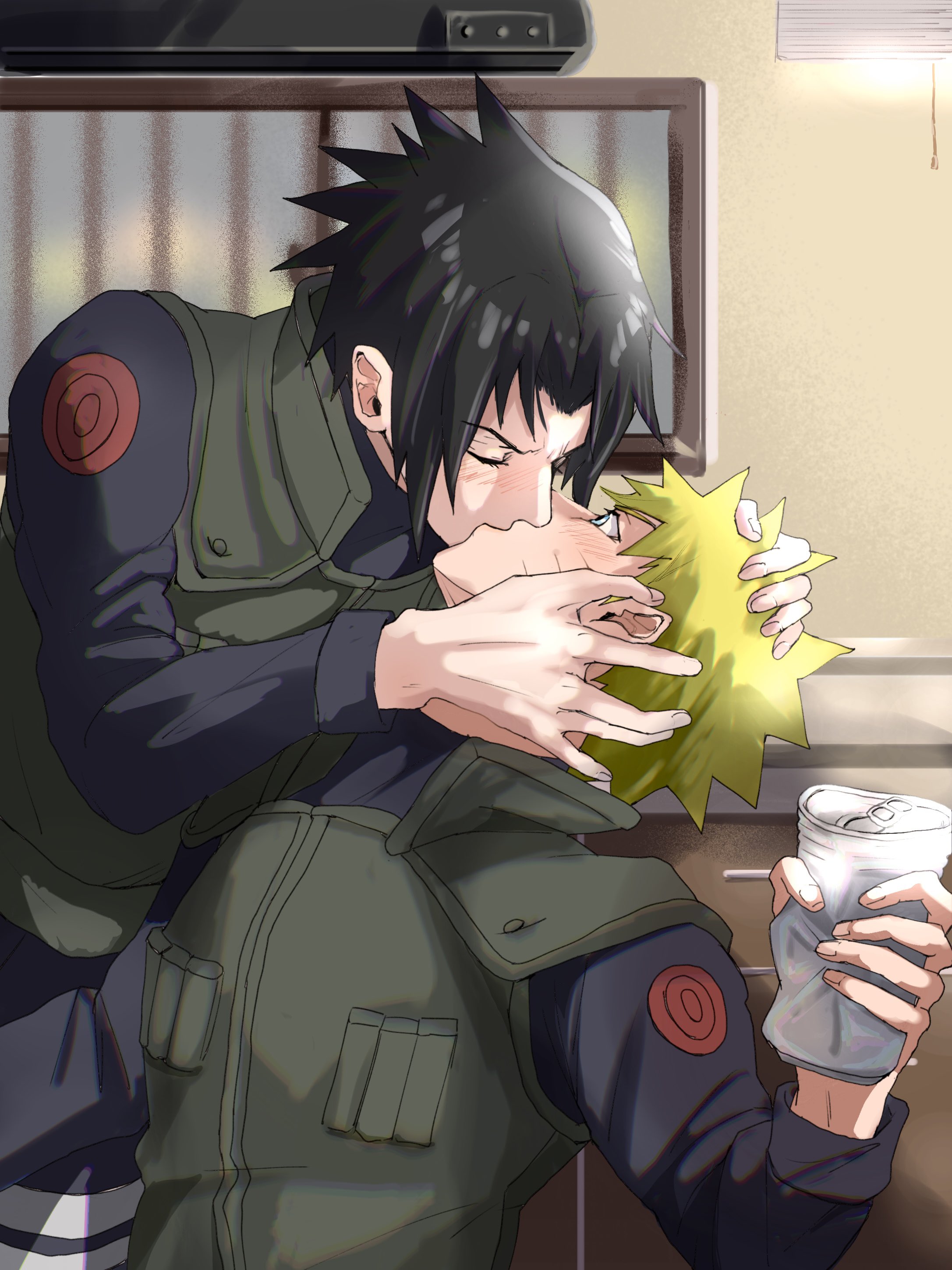 mi73suki, uchiha sasuke, uzumaki naruto, naruto (series), naruto shippuuden, absurdres, commentary request, highres, 2boys, arm up, black hair, black shirt, blonde hair, blue eyes, blush, can, drink can, fingernails, flak jacket, green jacket, hand on another's face, hand on another's head, holding, holding can, jacket, kiss, konohagakure shinobi uniform, leaning forward, long sleeves, looking at another, male focus, multiple boys, shirt, soda can, yaoi