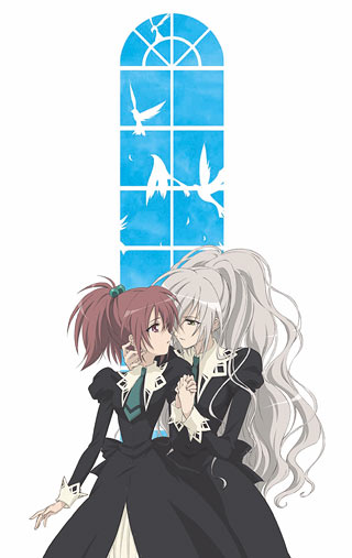 numata seiya, aoi nagisa, hanazono shizuma, strawberry panic!, official art, 00s, 2girls, bird, dress, eye contact, hair bobbles, hair ornament, holding hands, imminent kiss, long hair, looking at another, looking back, multiple girls, necktie, pink hair, ponytail, very long hair, wavy hair, window, yuri