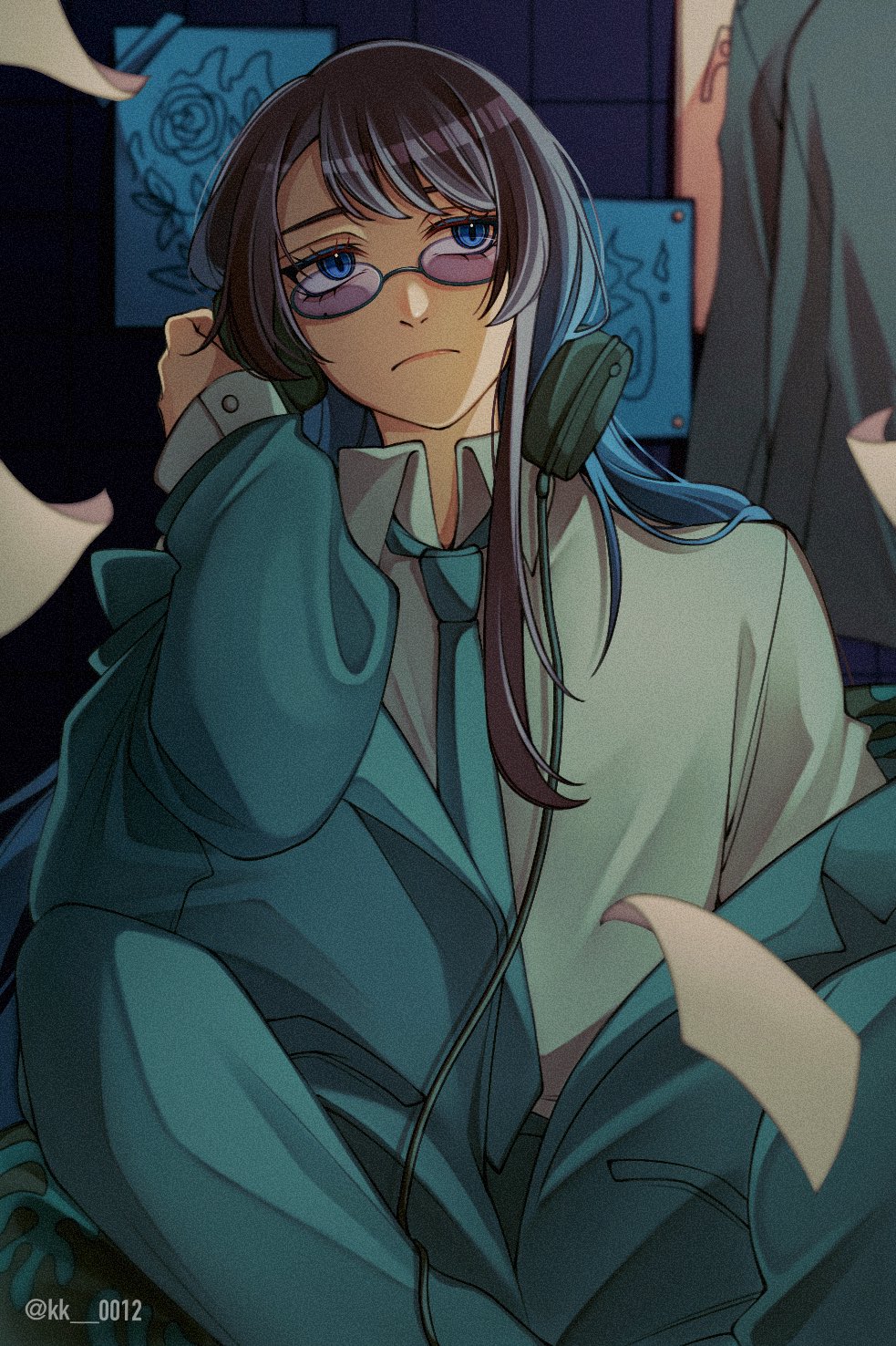 keeko (kk 0012), chando (ado), ado (utaite), commentary, english commentary, highres, 1girl, black hair, blue eyes, blue hair, blue jacket, blue necktie, blue pants, closed mouth, flying paper, glasses, headphones, jacket, long hair, mole, mole under eye, necktie, overdose (natori), pants, paper, shirt, sidelocks, solo, utaite, white shirt
