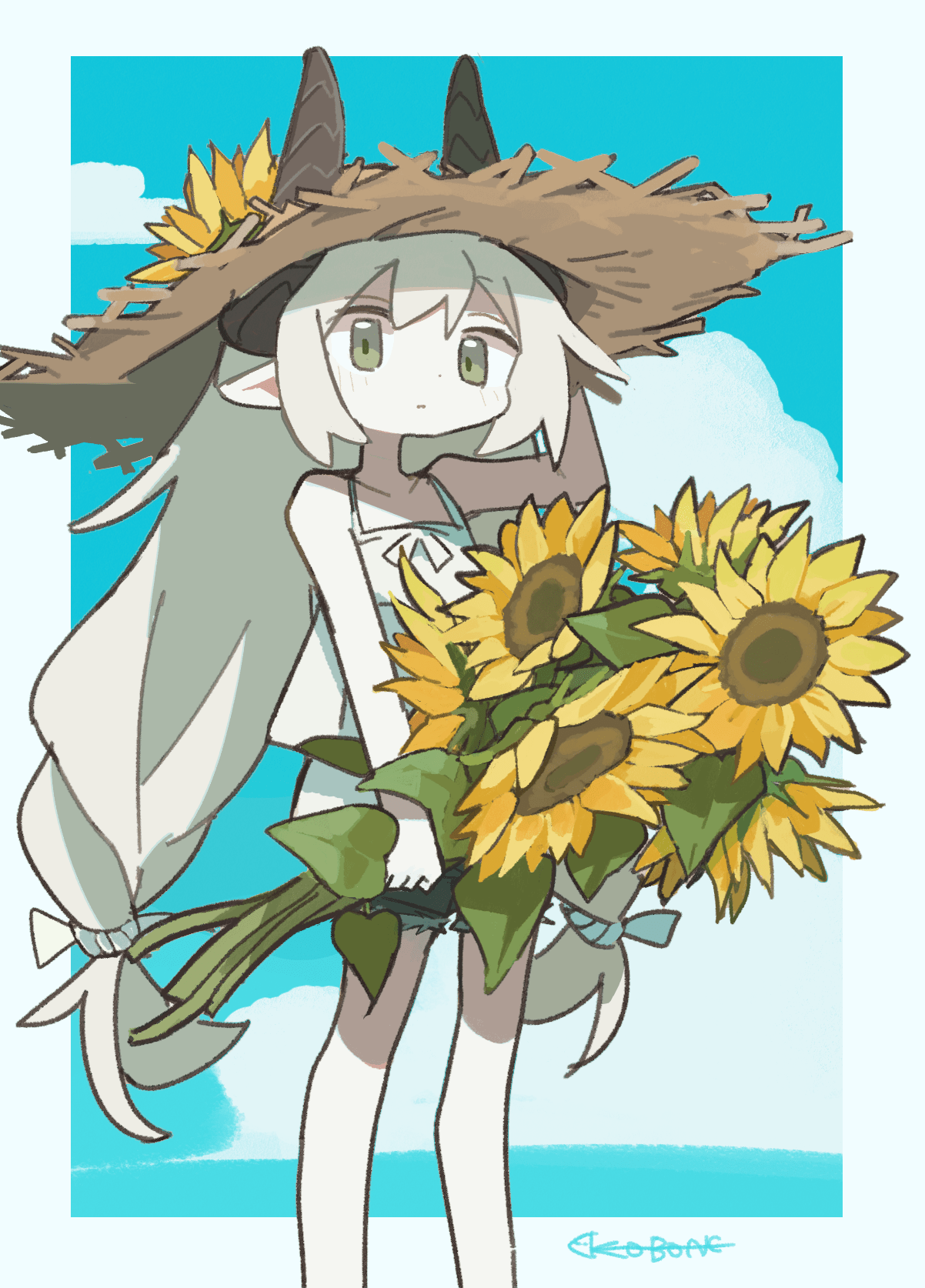 aida (aidia), original, highres, 1girl, bare shoulders, bouquet, brown hat, closed mouth, cloud, deformed, denim, denim shorts, dot nose, feet out of frame, flower, green eyes, grey hair, hair ribbon, hand on own hat, hat, hat flower, holding, holding bouquet, holding flower, horns, long hair, low twintails, outdoors, outside border, pointy ears, ribbon, shirt, short shorts, shorts, signature, sleeveless, sleeveless shirt, solo, spaghetti strap, standing, straw hat, summer, sunflower, twintails, very long hair, white ribbon, white shirt, yellow flower