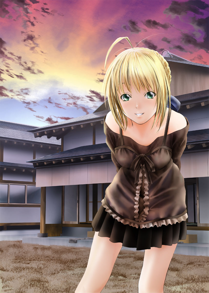 darkredgear, artoria pendragon (fate), saber (fate), fate/stay night, fate (series), highres, 00s, ahoge, blonde hair, casual, green eyes, official alternate costume, solo