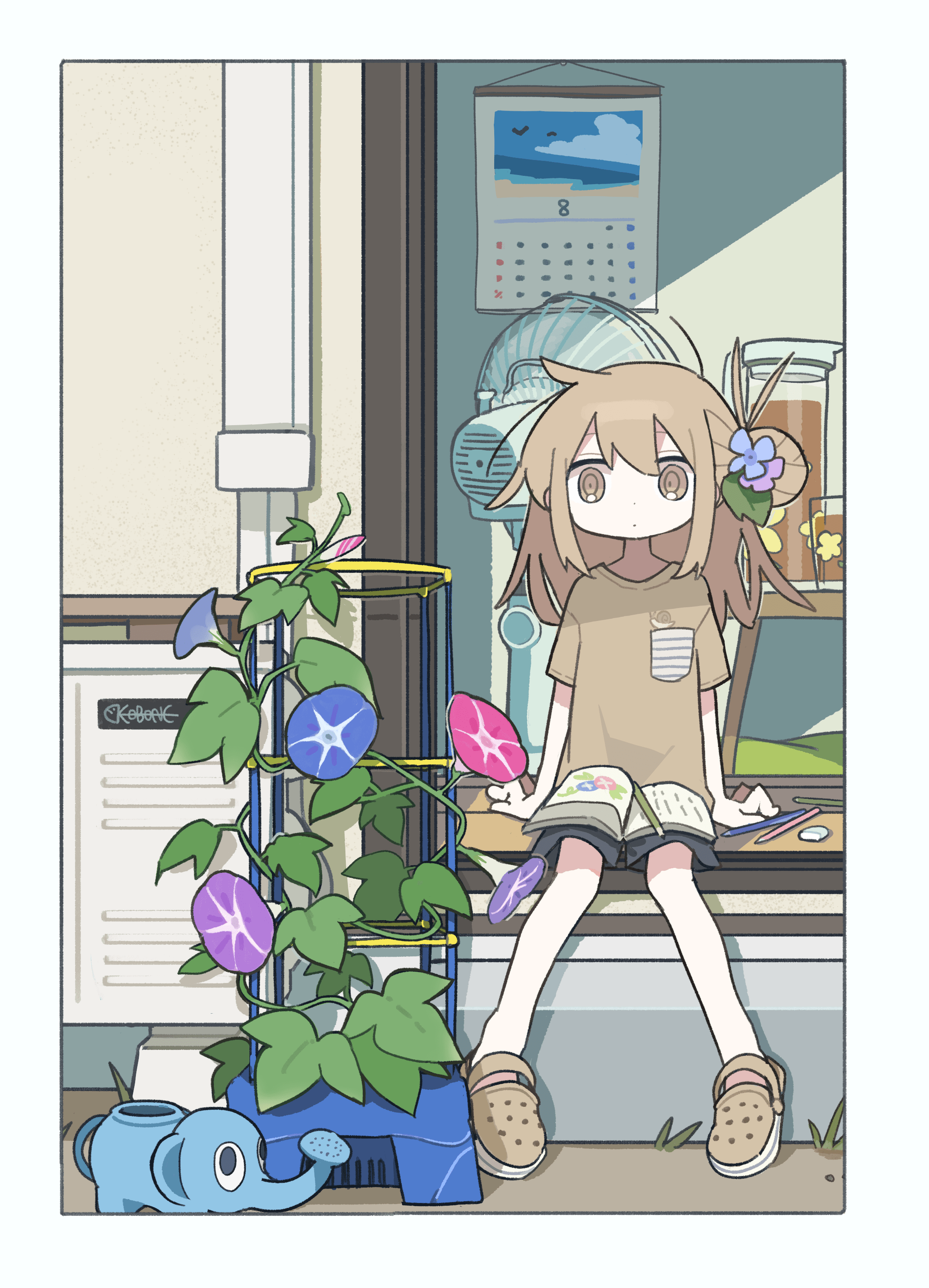 aida (aidia), original, absurdres, commentary, highres, 1girl, animal-shaped watering can, arm support, black shorts, blue flower, border, breast pocket, brown eyes, brown hair, brown shirt, brown shoes, calendar (object), crayon, crocs, cup, deformed, dot nose, drinking glass, electric fan, eraser, flower, hair bun, hair flower, hair ornament, medium hair, on floor, outdoors, pink flower, plant, pocket, potted plant, purple flower, shirt, shoes, short shorts, short sleeves, shorts, signature, single side bun, sitting, snail, solo, summer, t-shirt, watering can, white border