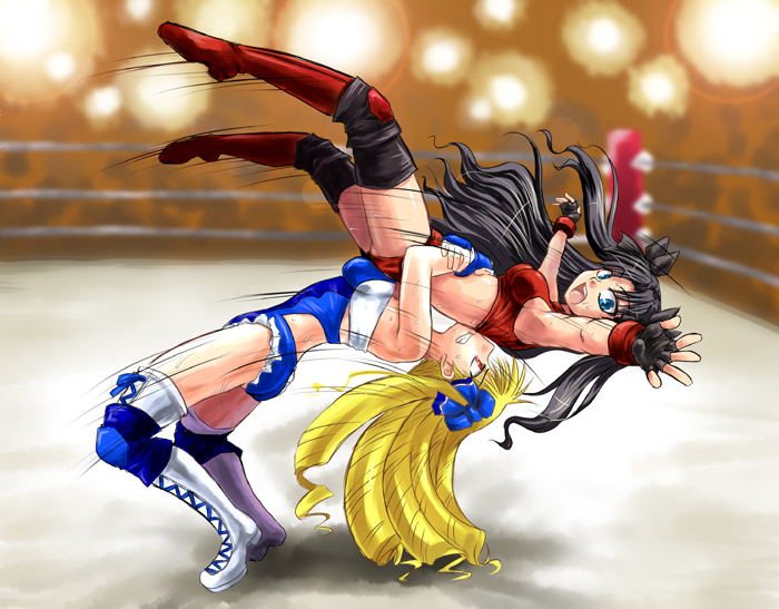 inusurvivor, luviagelita edelfelt, tohsaka rin, fate/hollow ataraxia, fate/stay night, fate (series), bad id, bad pixiv id, 00s, 2girls, alternate costume, blonde hair, fingerless gloves, german suplex, gloves, multiple girls, official alternate costume, suplex, thighhighs, wrestling, wrestling outfit, wrestling ring