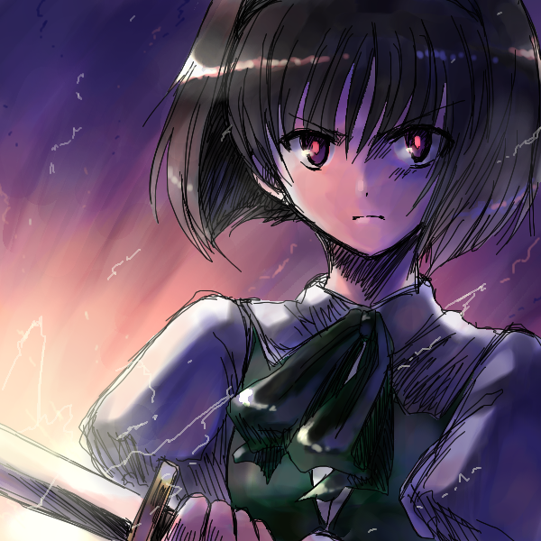 onimaru gonpei, konpaku youmu, touhou, 1girl, determined, female focus, frown, glowing, glowing eyes, katana, oekaki, red eyes, serious, short hair, solo, sword, weapon, white hair