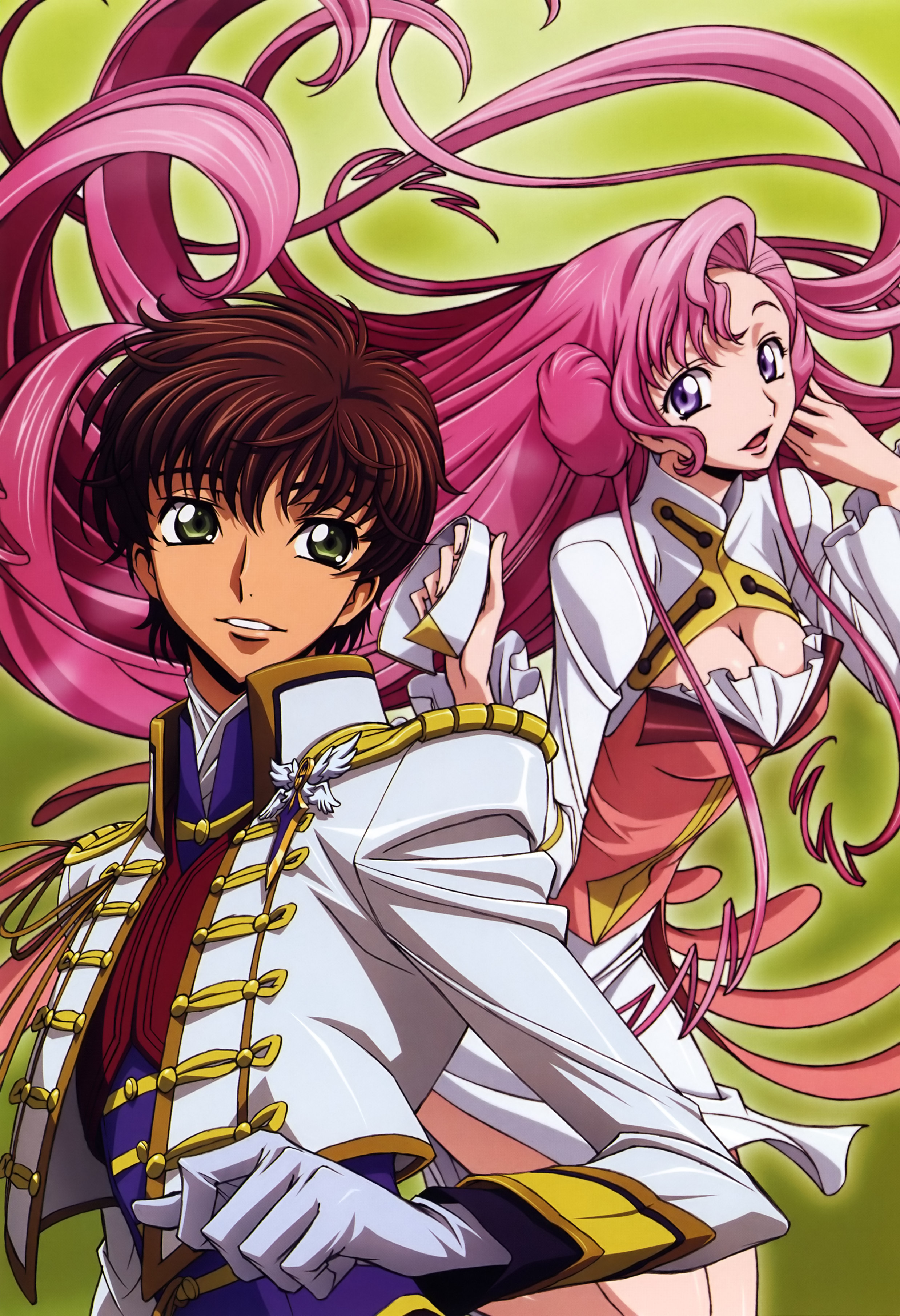 euphemia li britannia, kururugi suzaku, code geass, absurdres, highres, 00s, 1boy, 1girl, breasts, brown hair, cleavage, collar, donut hair bun, gloves, green eyes, hair bun, large breasts, long sleeves, looking at viewer, military, military uniform, purple eyes, purple hair, upper body
