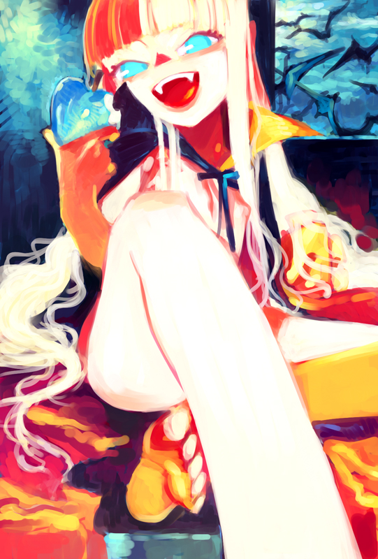 omake3213, evangeline a.k. mcdowell, mahou sensei negima!, bad id, 00s, 1girl, barefoot, blonde hair, blue eyes, fangs, feet, female focus, long hair, soles, solo, toes, vampire