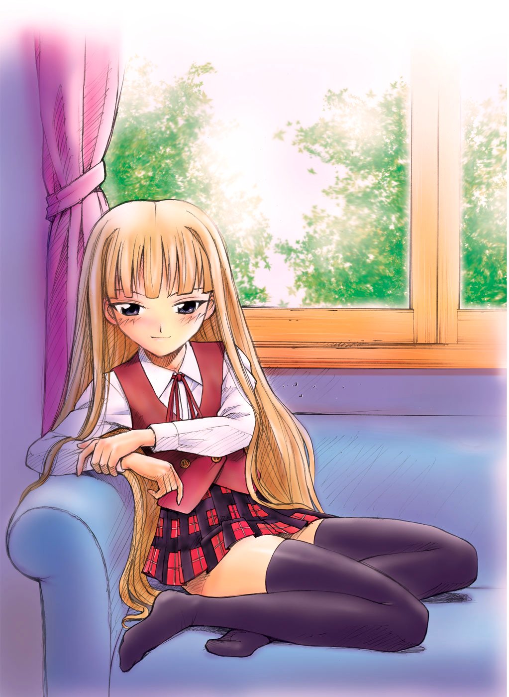 annkoku daimaou, human highlight film, evangeline a.k. mcdowell, mahou sensei negima!, arm grab, highres, 00s, 1girl, black thighhighs, blonde hair, blue eyes, blue upholstery, blunt bangs, blush, buttons, collared shirt, couch, curtains, day, dress shirt, female focus, flat chest, indoors, long hair, looking at viewer, miniskirt, necktie, plaid clothes, plaid skirt, pleated skirt, ribbon, school uniform, serafuku, shirt, sitting, sketch, skirt, sky, solo, thighhighs, tree, vampire, very long hair, vest, window, zettai ryouiki