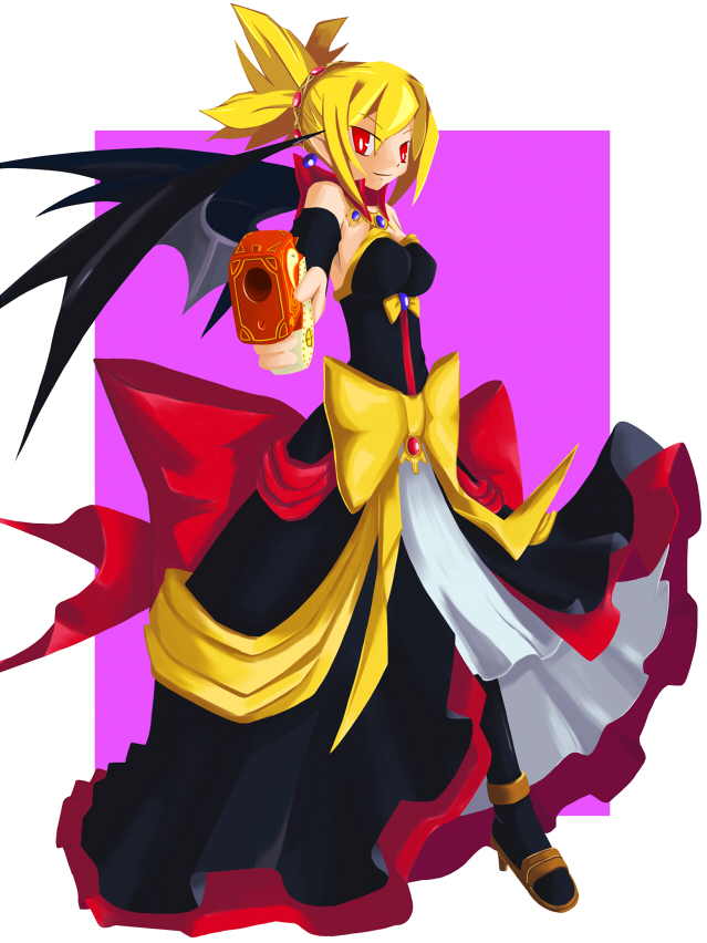 yu (akq), rozalin, disgaea, makai senki disgaea 2, nippon ichi, bad id, bad pixiv id, 1girl, bat wings, blonde hair, bow, demon girl, dress, female focus, gun, handgun, pistol, pointy ears, red eyes, solo, strapless, strapless dress, weapon, wings, yellow bow