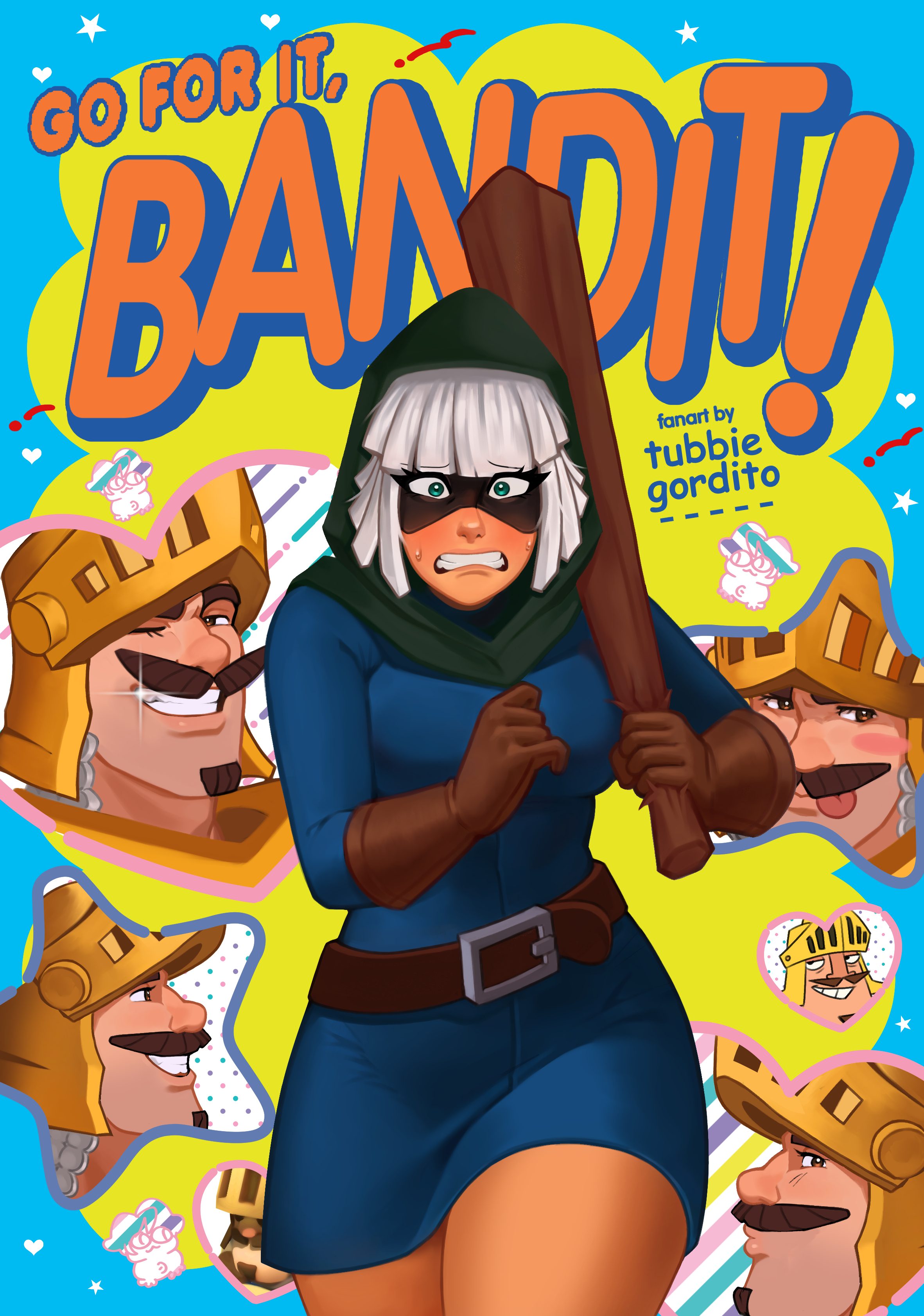 tubbiegordito, bandit (clash royale), clash royale, ganbare! nakamura-kun!!, absurdres, highres, 1boy, 1girl, artist name, belt, blue dress, blue eyes, brown belt, brown gloves, club (weapon), dress, english text, facial hair, ganbare! nakamura-kun!! cover parody, gloves, green hood, grin, helmet, holding, holding weapon, licking lips, multiple views, mustache, one eye closed, prince (clash royale), smile, sweat, tongue, tongue out, weapon, white hair