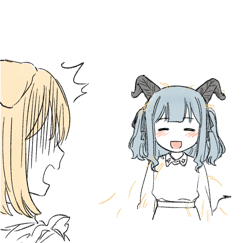 rjfqoszm1212, misumi uika, togawa sakiko, arknights, bang dream!, bang dream! it's mygo!!!!!, commentary, korean commentary, 2girls, animal ears, blonde hair, blue hair, blush, closed eyes, dog ears, dog girl, horns, medium hair, misumi uika (caged singer), multiple girls, open mouth, tail, togawa sakiko (master of melodia)