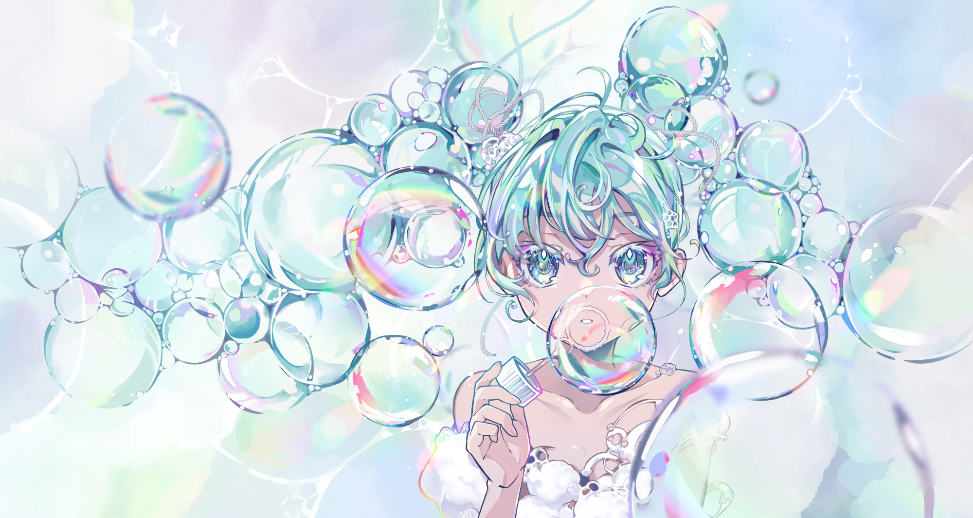 nou (nounknown), hatsune miku, vocaloid, commentary request, highres, 1girl, bare shoulders, blowing bubbles, blue eyes, blue hair, collarbone, dress, hair between eyes, hand up, looking at viewer, solo, strapless, strapless dress, upper body, white dress