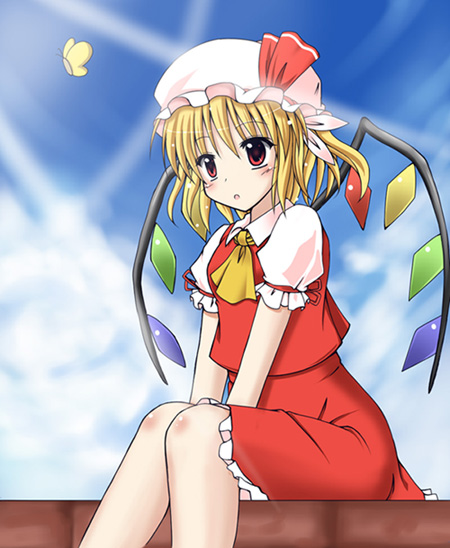 exe (artist), xe (execut3r), flandre scarlet, touhou, 1girl, blonde hair, blush, bug, butterfly, cloud, day, female focus, hat, insect, light rays, mob cap, red eyes, short hair, sitting, sky, solo, sunbeam, sunlight, wings