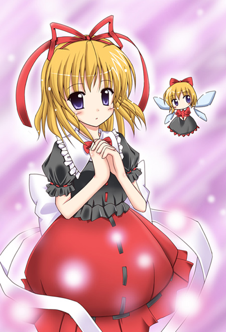 exe (artist), xe (execut3r), medicine melancholy, su-san, touhou, 1girl, blonde hair, bubble skirt, dress, female focus, hair ribbon, own hands clasped, own hands together, purple background, purple eyes, ribbon, short hair, skirt, solo