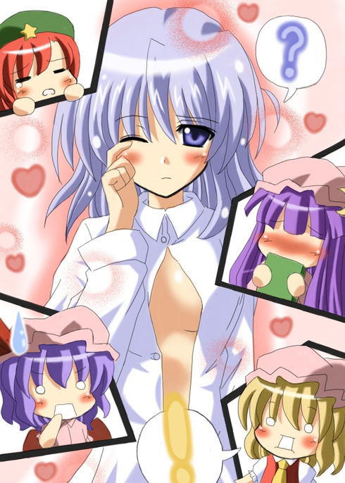 exe (artist), xe (execut3r), flandre scarlet, hong meiling, izayoi sakuya, patchouli knowledge, remilia scarlet, embodiment of scarlet devil, touhou, !, 5girls, ?, blush, chibi, closed eyes, female focus, hair over eyes, hat, heart, multiple girls, o o, one eye closed, open clothes, open shirt, shirt, siblings, sisters, sleepy, speech bubble, spoken exclamation mark, spoken question mark, surprised, sweatdrop