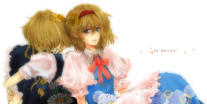 araki, alice margatroid, kirisame marisa, touhou, 2girls, armlet, blonde hair, blue dress, capelet, dress, expressionless, female focus, frills, hairband, head down, jewelry, looking at viewer, multiple girls, puffy short sleeves, puffy sleeves, shaded face, short hair, short sleeves, simple background, sitting, text focus, white background, yuri