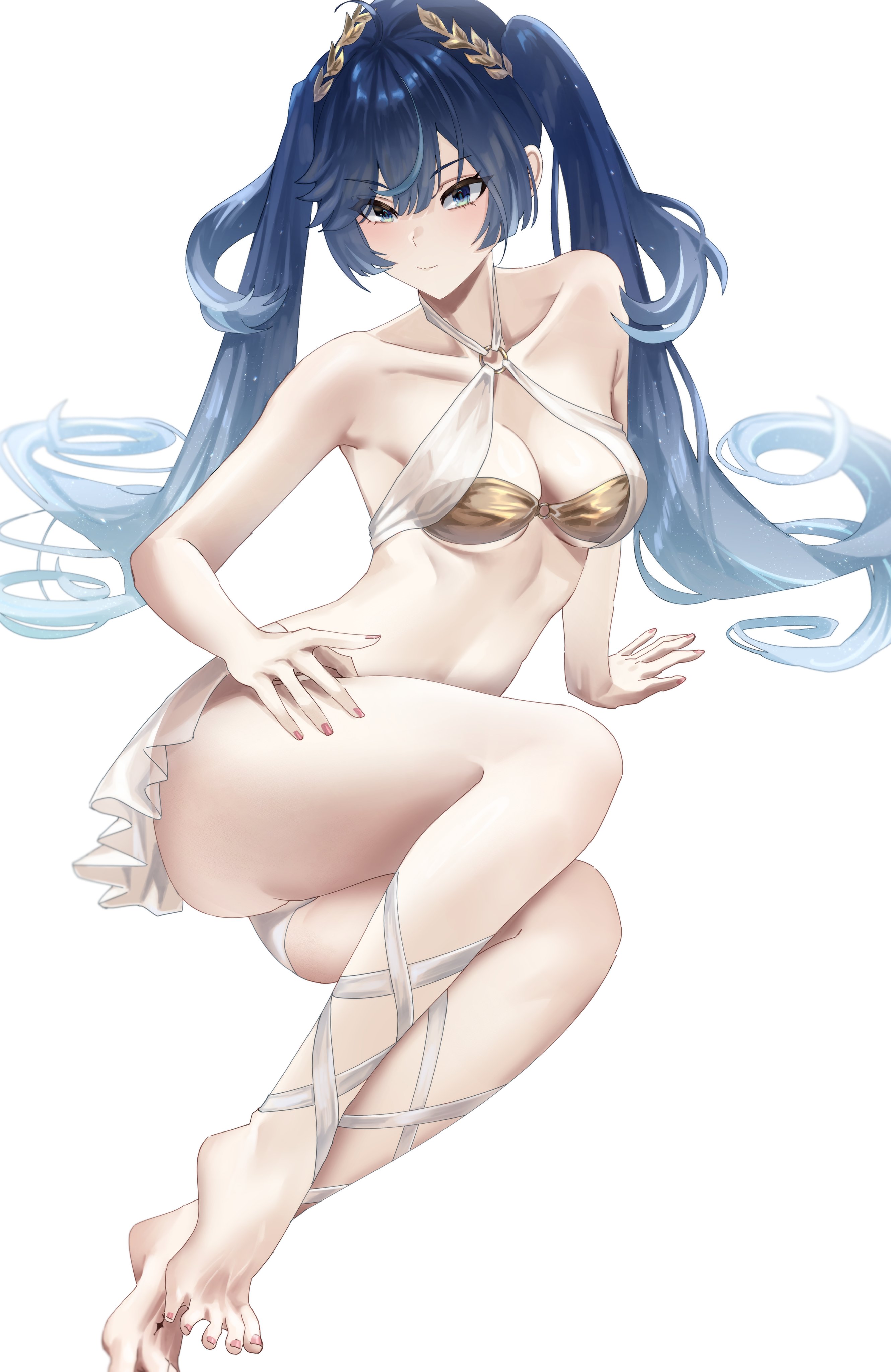 trixie (trixiex33), iuno (wuthering waves), wuthering waves, absurdres, commentary, highres, 1girl, arm support, bare legs, bare shoulders, barefoot, blue eyes, blue hair, blush, breasts, collarbone, feet, fingernails, gold bra, gradient hair, head wreath, legs, linea alba, long hair, looking at viewer, medium breasts, multicolored hair, simple background, solo, stomach, tacet mark (wuthering waves), thighs, toes, twintails, very long hair, white background