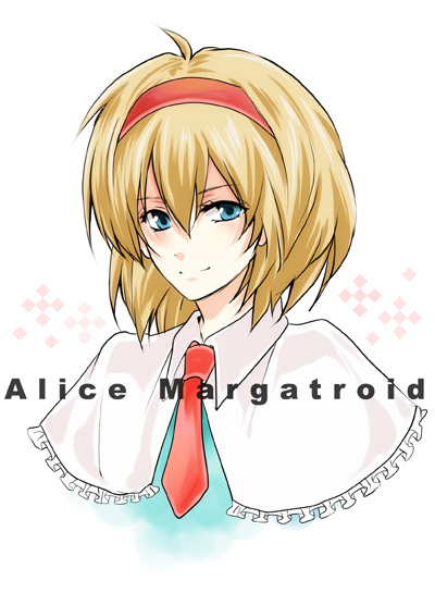 araki, alice margatroid, touhou, 1girl, blonde hair, blue eyes, character name, female focus, hairband, necktie, short hair, solo, white background