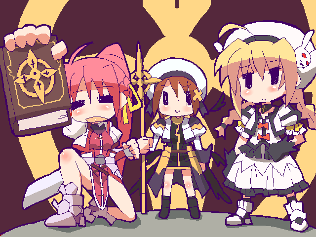 9law, laevatein (nanoha), schwertkreuz, signum, tome of the night sky, vita (nanoha), yagami hayate, lyrical nanoha, mahou shoujo lyrical nanoha, mahou shoujo lyrical nanoha a's, bad id, bad pixiv id, md5 mismatch, 00s, 3girls, multiple girls, oekaki, staff, unison (nanoha)