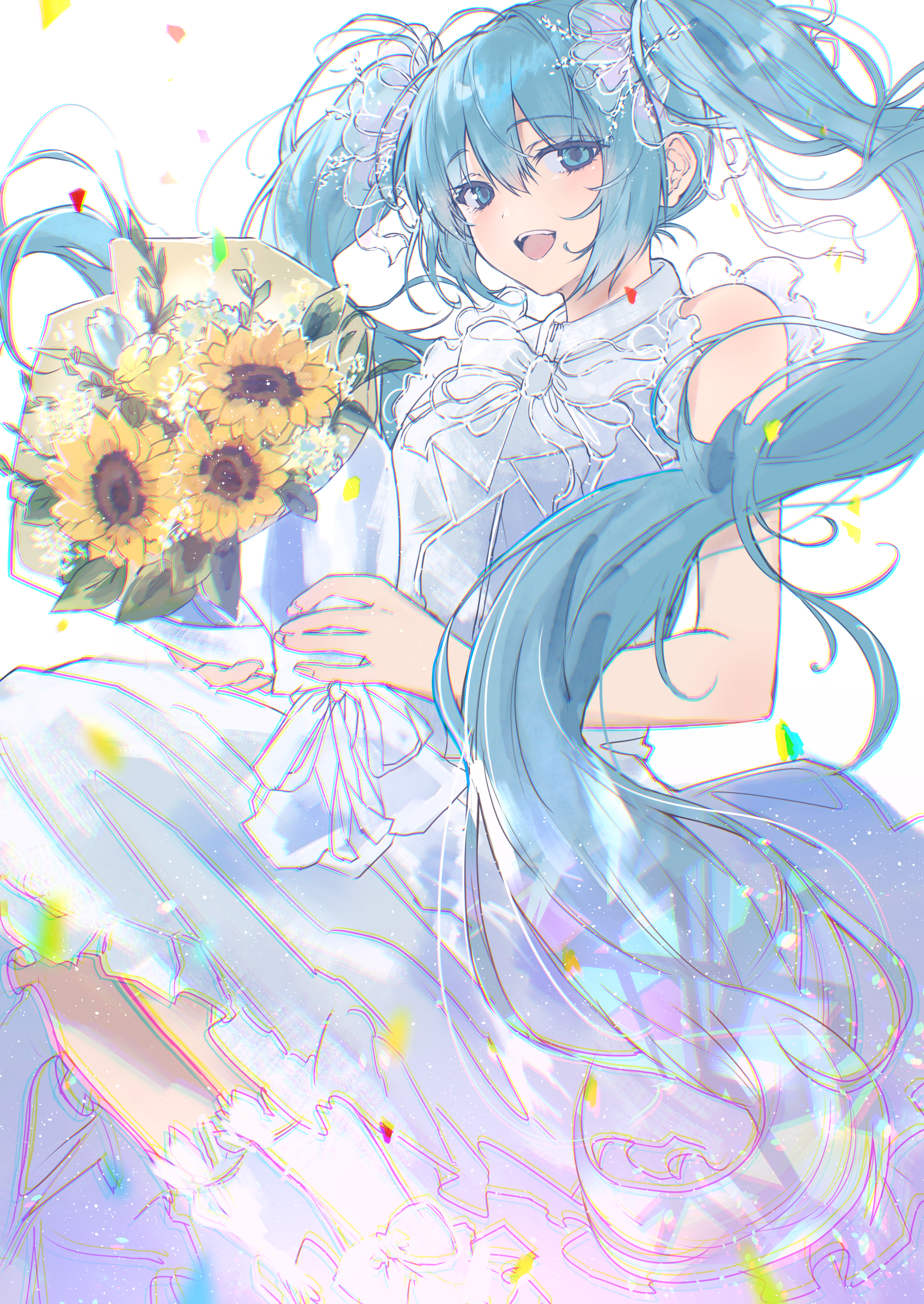 heremia, hatsune miku, vocaloid, absurdres, commentary request, highres, 1girl, :d, bare shoulders, blue eyes, blue hair, bouquet, bow, dress, floating hair, flower, frilled dress, frills, hair between eyes, hair ornament, holding, holding bouquet, long hair, looking at viewer, open mouth, ribbon, simple background, sleeveless, sleeveless dress, smile, solo, sunflower, teeth, twintails, very long hair, white background, white bow, white dress, white ribbon, yellow flower