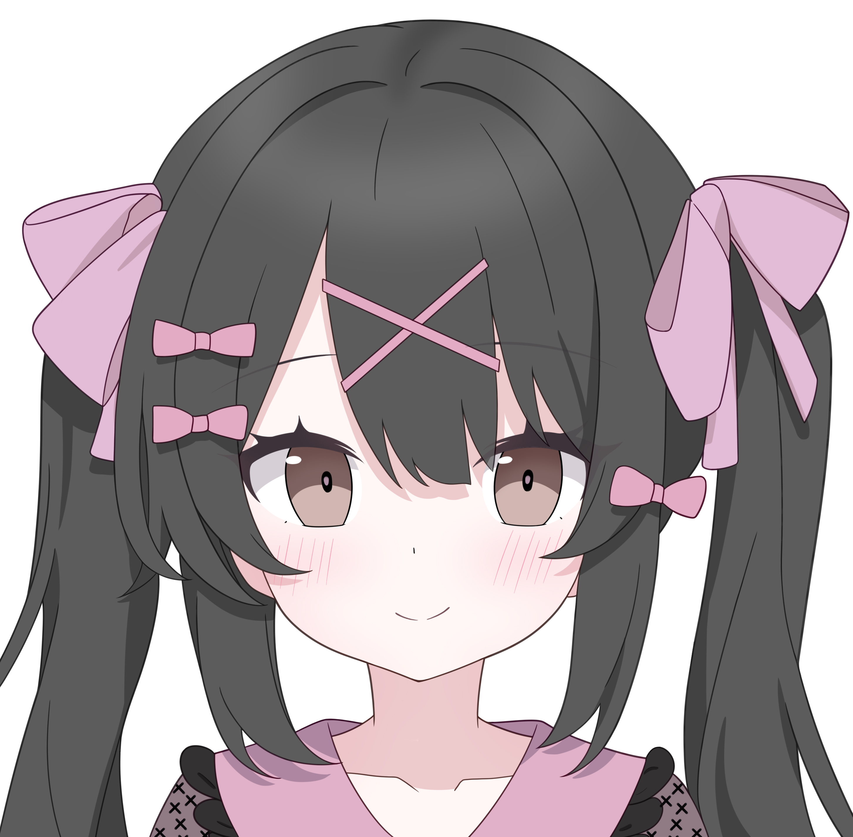 catyu, original, absurdres, chinese commentary, commentary request, commission, highres, 1girl, black hair, blush, bow, brown eyes, closed mouth, collarbone, hair between eyes, hair bow, hair ornament, hairclip, jirai kei, long hair, looking at viewer, multiple hair bows, parted bangs, pink bow, portrait, sidelocks, simple background, smile, solo, split mouth, straight-on, twintails, white background, x hair ornament