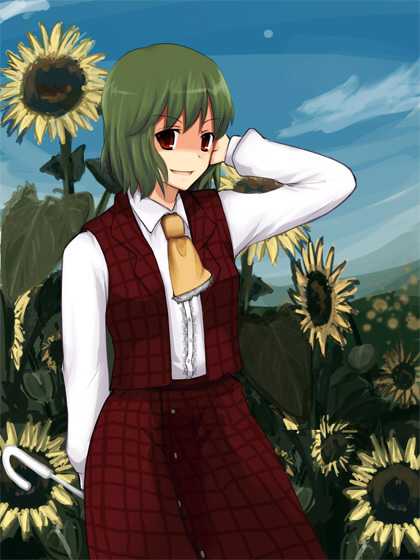 ruit, kazami yuuka, touhou, 1girl, arm up, ascot, cloud, day, female focus, flower, green hair, plaid clothes, plaid skirt, plaid vest, red eyes, short hair, skirt, skirt set, smile, solo, sunflower, vest