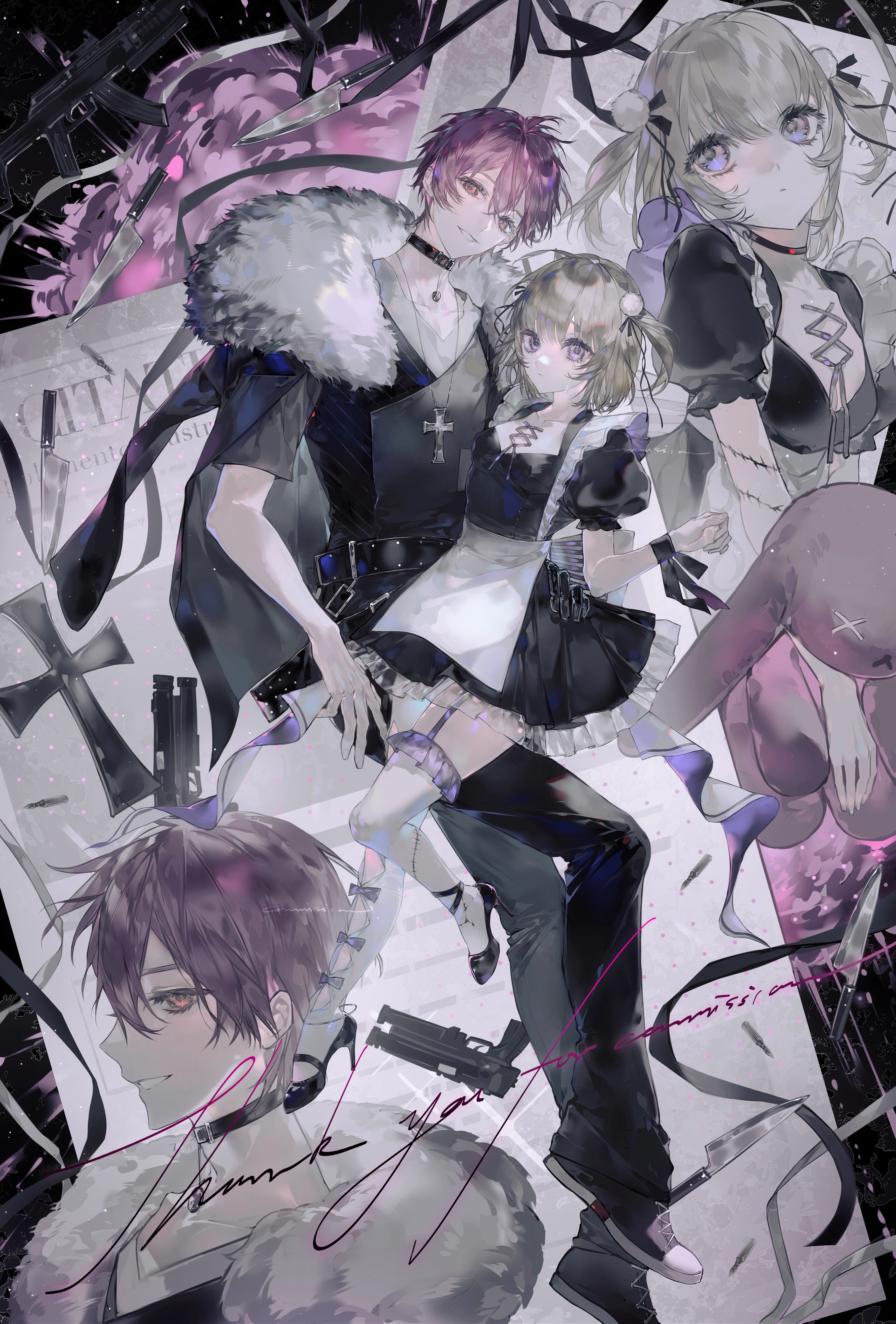 original, absurdres, highres, 1boy, 1girl, apron, belt, black choker, black dress, black pants, black ribbon, black shirt, black shoes, blonde hair, blunt bangs, bow, breasts, brown eyes, choker, cleavage, coat, coat on shoulders, collarbone, cross, dress, frilled apron, frilled thighhighs, frills, from side, full body, fur trim, gun, hair bow, hair ornament, hair ribbon, heilanshuimuchu, high heels, jacket, jacket on shoulders, jewelry, long hair, looking at viewer, maid, maid apron, multicolored hair, multiple views, necklace, pants, piercing, pink hair, puffy short sleeves, puffy sleeves, purple eyes, ribbon, shirt, shoes, short hair, short sleeves, smile, stuffed animal, stuffed rabbit, stuffed toy, thigh strap, thighhighs, twintails, two-tone hair, two side up, weapon, white apron, white thighhighs