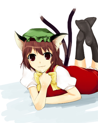 ruit, chen, touhou, toe-point, lowres, 1girl, animal ears, brown eyes, brown hair, cat ears, cat girl, cat tail, earrings, feet, female focus, hat, jewelry, multiple tails, short hair, socks, solo, tail