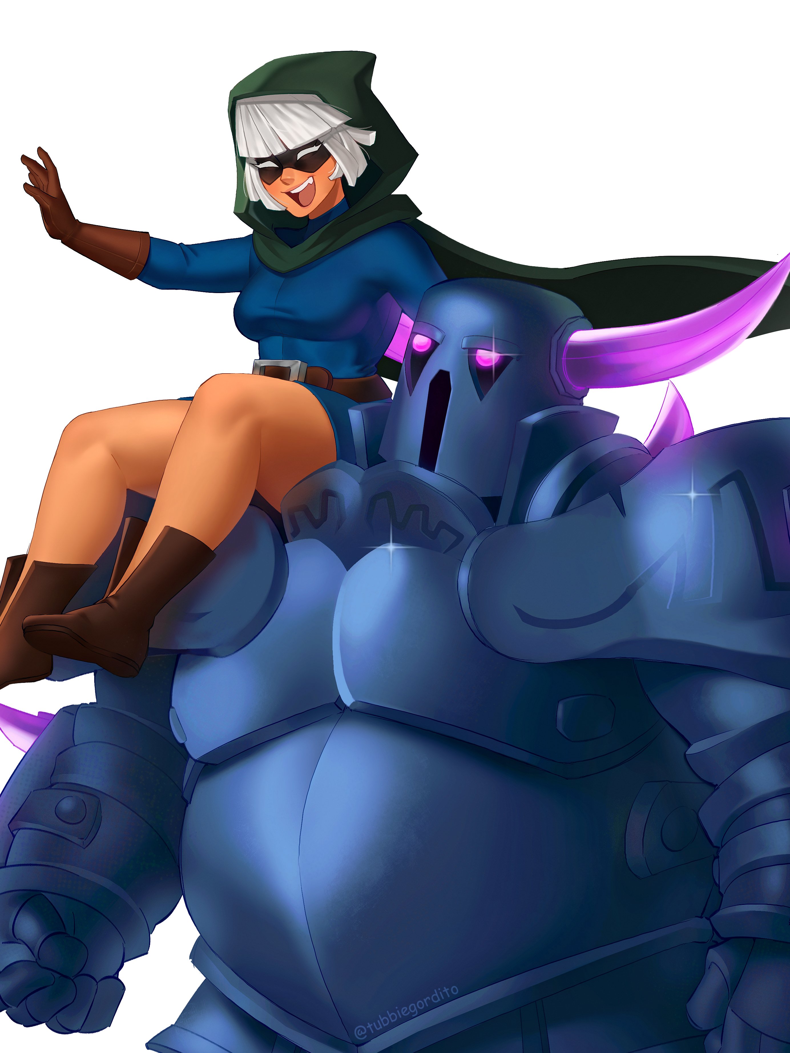 tubbiegordito, bandit (clash royale), clash royale, absurdres, highres, 1girl, 1other, armor, blue dress, boots, brown boots, brown gloves, cape, closed eyes, dress, fake horns, gloves, green cape, green hood, helmet, hood, hooded cape, horned helmet, horns, open mouth, p.e.k.k.a, simple background, sitting, sitting on shoulder, teeth, upper teeth only, white background