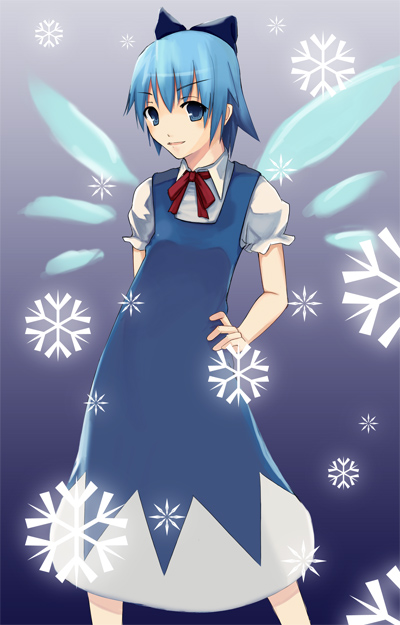 ruit, cirno, embodiment of scarlet devil, touhou, 1girl, bow, female focus, snowflakes, solo