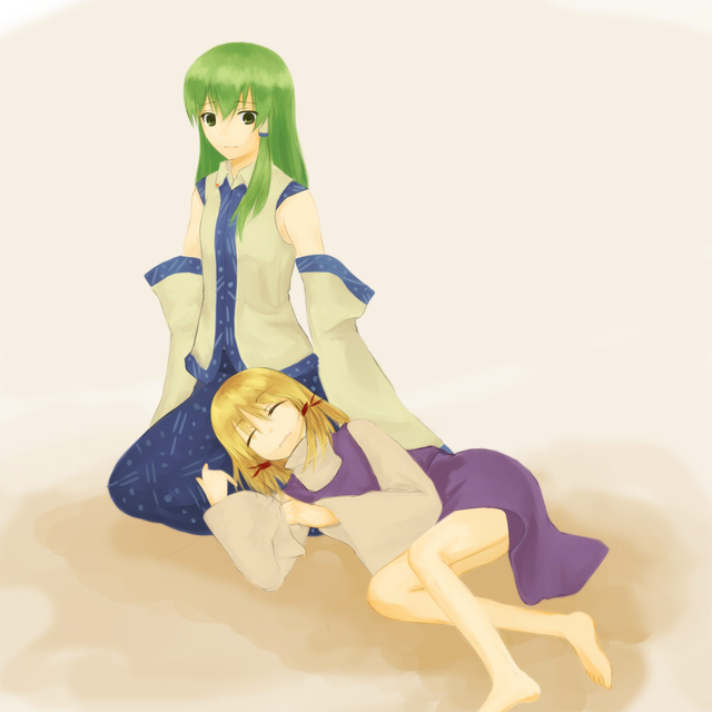 ruit, kochiya sanae, moriya suwako, touhou, 2girls, barefoot, feet, female focus, lap pillow, multiple girls, skirt, sleeping