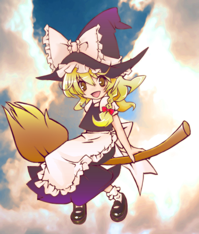 momosuu, sakurai momo (rabbit), kirisame marisa, touhou, 1girl, blonde hair, broom, broom riding, cloud, female focus, sidesaddle, solo