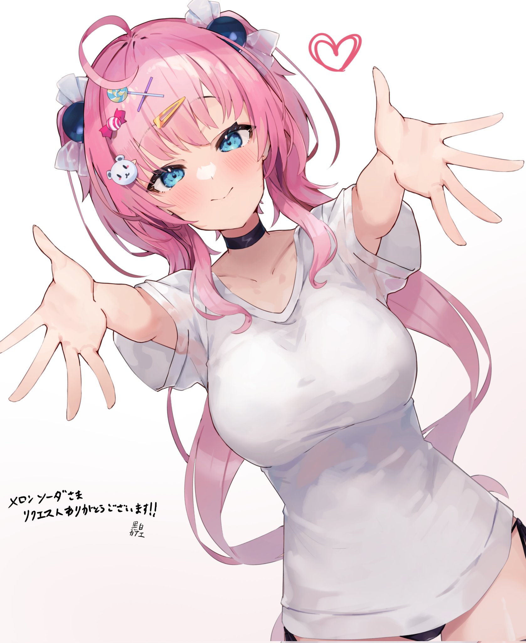 kuroshiro kanae, hoshifuru ameru, indie virtual youtuber, commentary request, commission, highres, second-party source, skeb commission, 1girl, ahoge, artist name, blue eyes, blush, breasts, closed mouth, collarbone, commissioner name, hair ornament, hairclip, heart, large breasts, long hair, looking at viewer, pink hair, reaching, reaching towards viewer, shirt, short sleeves, simple background, solo, thank you, virtual youtuber, white background, white shirt, x hair ornament