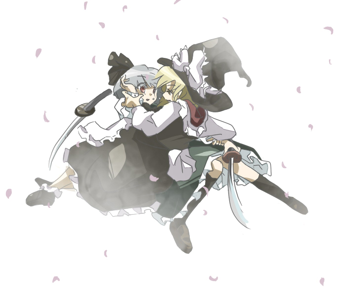 makako, makako (yume bouei shoujo tai), kirisame marisa, konpaku youmu, touhou, 2girls, blonde hair, female focus, katana, multiple girls, sword, weapon