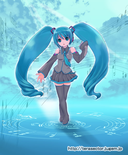 omuni, hatsune miku, vocaloid, 1girl, aqua eyes, aqua hair, black thighhighs, blue eyes, blue hair, cloud, crossed legs, day, detached sleeves, female focus, long hair, matching hair/eyes, musical note, musical staff, necktie, quaver rest, sharp sign, sheet music, skirt, sky, solo, standing, thighhighs, treble clef, twintails, very long hair, zettai ryouiki