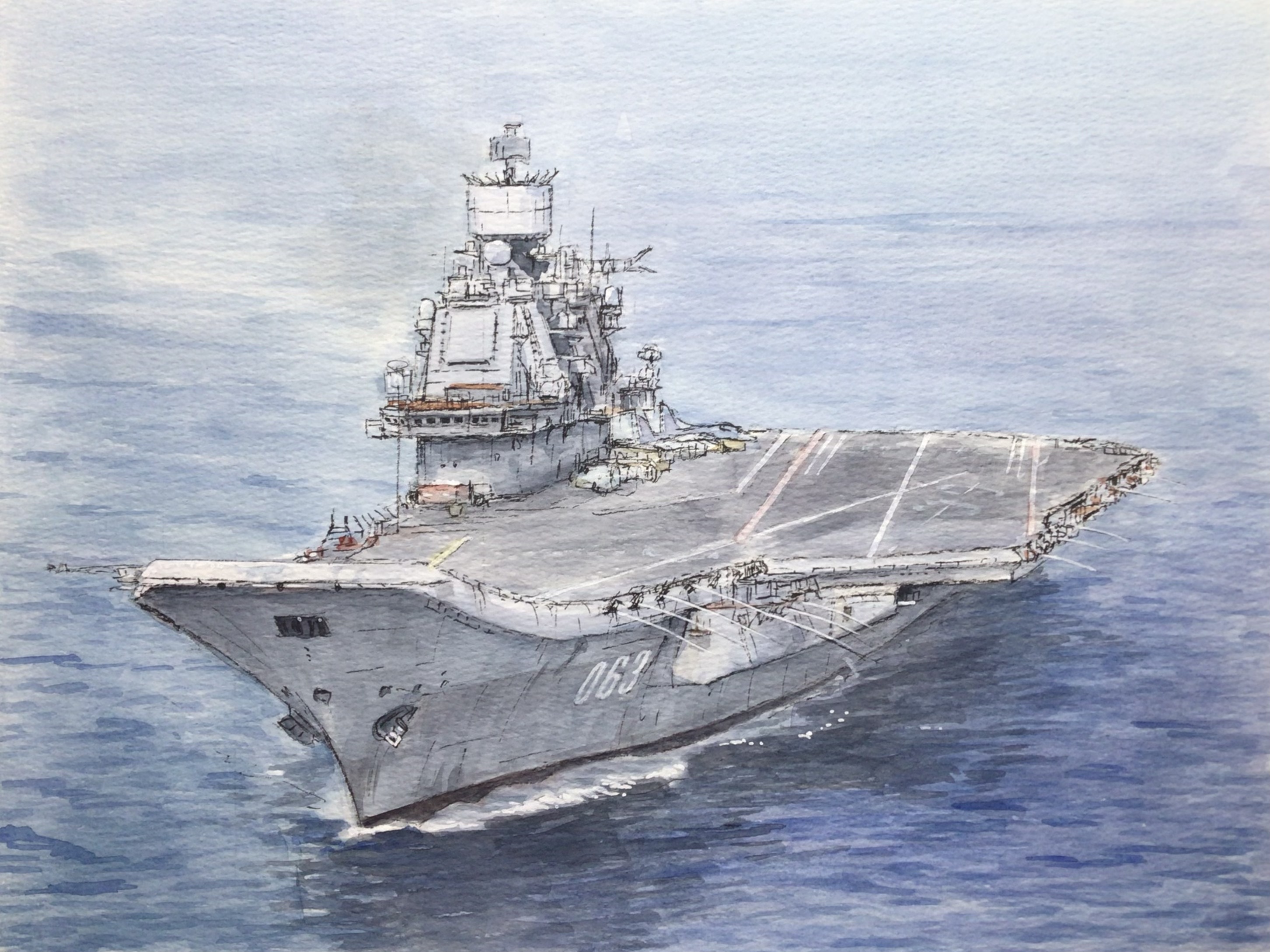 atelier bono, original, commentary request, highres, painting (medium), traditional media, watercolor (medium), admiral kuznetsov (aircraft carrier), aircraft carrier, flight deck, kuznetsov-class aircraft carrier, military vehicle, no humans, ocean, radar, russian navy, sailing, ship, vehicle focus, warship, watercraft, waves