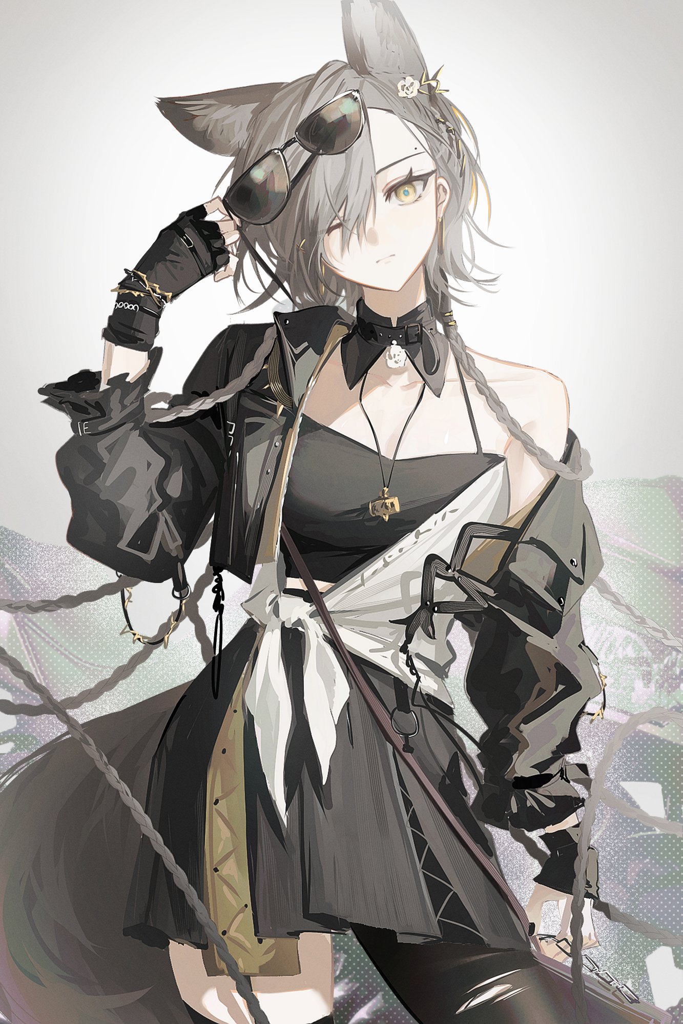 gae tteok00, penance (ambience synesthesia) (arknights), penance (arknights), arknights, highres, 1girl, animal ears, black dress, blue pupils, collarbone, cropped jacket, detached collar, dress, fingerless gloves, gloves, grey hair, holding, holding removed eyewear, jacket, long sleeves, official alternate costume, one eye closed, open clothes, open jacket, single bare shoulder, solo, sunglasses, tail, unworn eyewear, wolf ears, wolf tail, yellow eyes