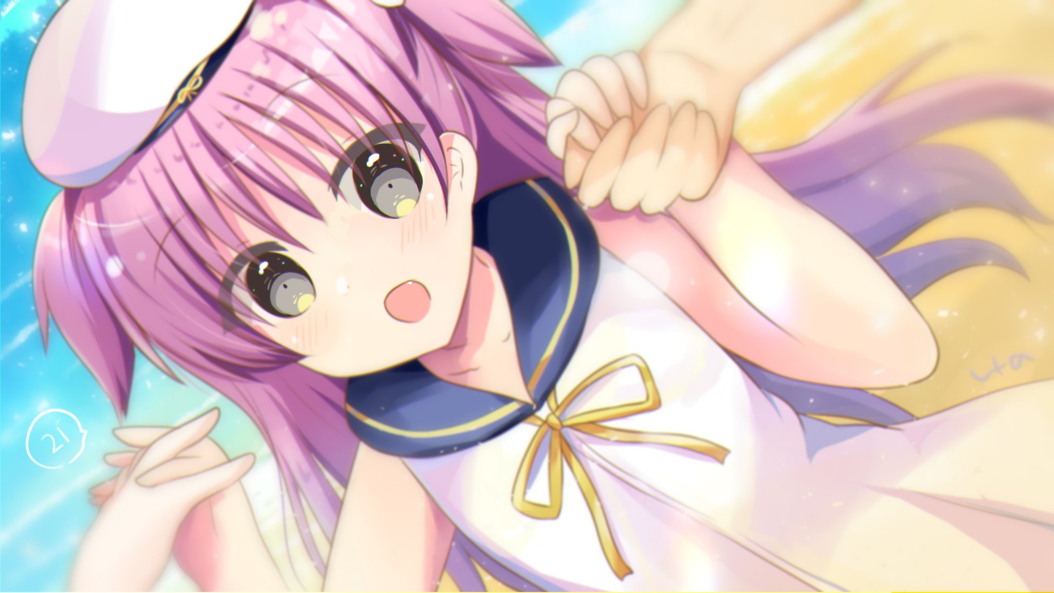 ura (ura-tennislove), katou umi, summer pockets, commentary request, highres, 1girl, 2others, :d, blue sailor collar, blue sky, blush, cowboy shot, day, dress, dutch angle, episode number, fang, floating hair, grey eyes, hair between eyes, hands up, happy, hat, holding hands, interlocked fingers, light particles, long hair, looking at viewer, multiple others, open mouth, outdoors, pink hair, ribbon, sailor collar, sailor dress, sailor hat, signature, sky, sleeveless, sleeveless dress, smile, solo focus, speech bubble, two side up, very long hair, white dress, white hat, yellow ribbon