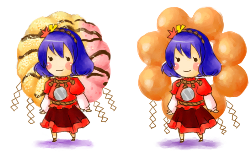 takanashi minato, yasaka kanako, touhou, 1girl, blue hair, blush stickers, chibi, cookie, donut, female focus, food, hair ornament, hairband, leaf hair ornament, parody, simple background, smile, solid circle eyes, solo, standing, white background
