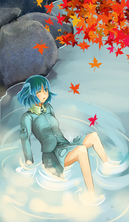 ruit, kawashiro nitori, touhou, 1girl, autumn leaves, female focus, leaf, nature, outdoors, plant, skirt, solo, two side up, water