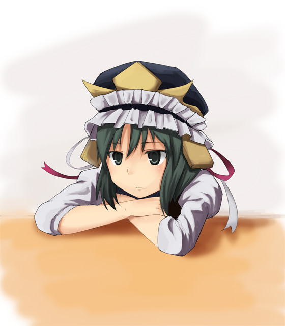 ruit, shiki eiki, touhou, 1girl, alternate eye color, female focus, green eyes, green hair, hat, head down, matching hair/eyes, ribbon, sad, solo