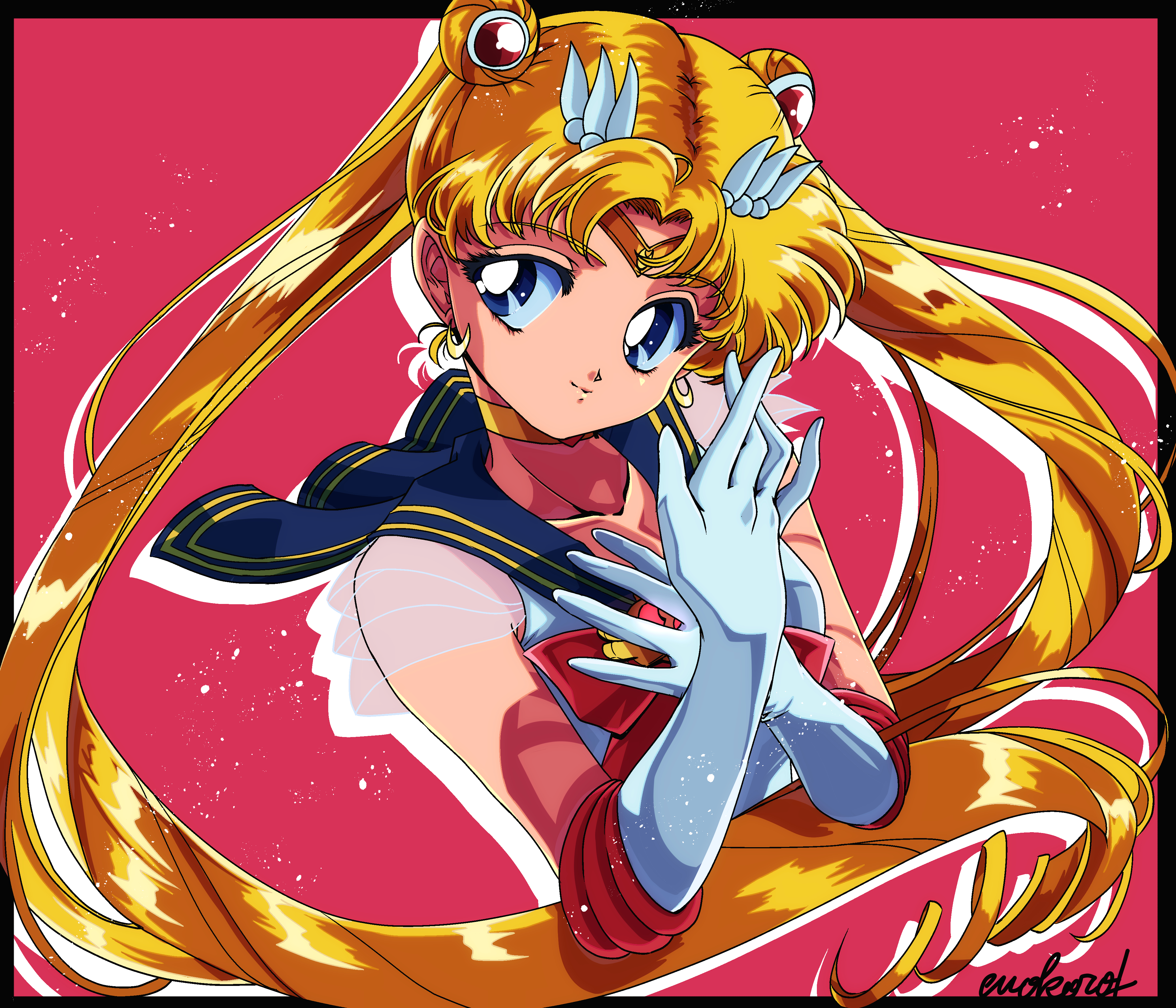 sailor moon, super sailor moon, tsukino usagi, bishoujo senshi sailor moon, absurdres, highres, tagme, akasi0807, blonde hair, blue eyes, blue sailor collar, bow, brooch, choker, circlet, collarbone, crescent, crescent earrings, crisis moon compact, double bun, earrings, elbow gloves, gloves, hair bun, hair ornament, heart, heart brooch, heart choker, jewelry, long hair, parted bangs, red bow, sailor collar, sailor senshi uniform, smile, twintails, very long hair, white gloves, yellow choker
