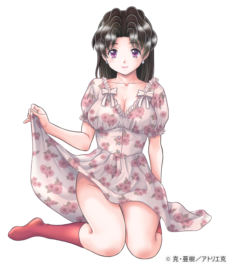 katsu aki, onoda yura, futari ecchi, 1girl, black hair, breasts, cleavage, clothes lift, collarbone, dress, dress lift, earrings, floral print, full body, jewelry, kneeling, large breasts, lifting own clothes, looking at viewer, no panties, purple eyes, short sleeves, simple background, sitting, smile, socks, solo, white background