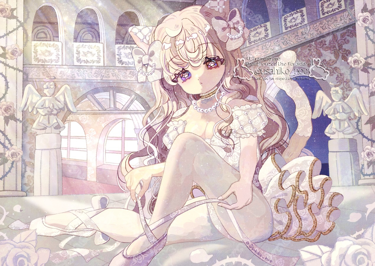 1girl, animal ears, ballerina, breasts, brown hair, cleavage, leotard, purple eyes, white leotard