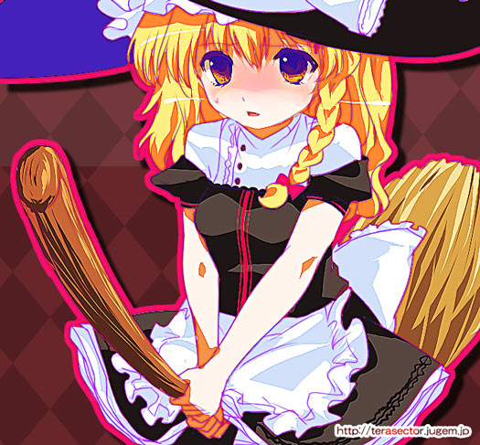 omuni, kirisame marisa, touhou, 1girl, :o, apron, black dress, blonde hair, blue eyes, braid, broom, broom riding, dress, female focus, hat, looking at viewer, parted lips, puffy short sleeves, puffy sleeves, purple eyes, shaded face, short hair, short sleeves, single braid, sitting, solo, straddling, upright straddle, waist apron, wavy hair, witch hat