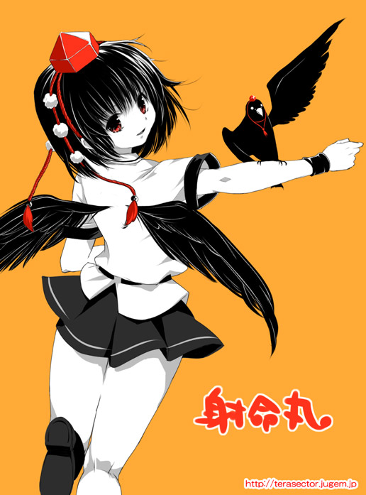 omuni, shameimaru aya, touhou, 1girl, animal on arm, bird, bird on arm, crow, female focus, looking at viewer, orange background, simple background, smile, solo